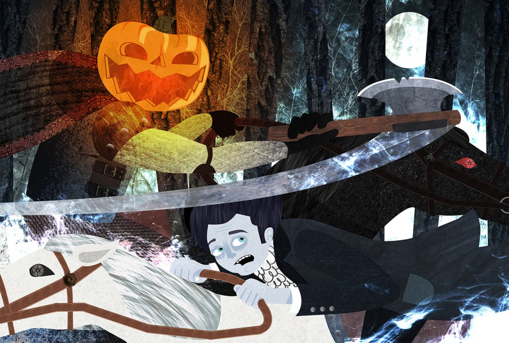 Headless horseman and Ichabod Crane digital illustration art pumpkin head Halloween sleepy hollow 