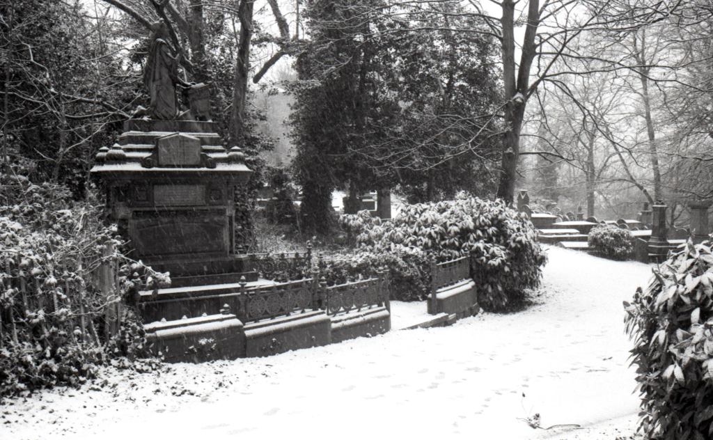 Monument in winter snow, Sheffield General Cemetery